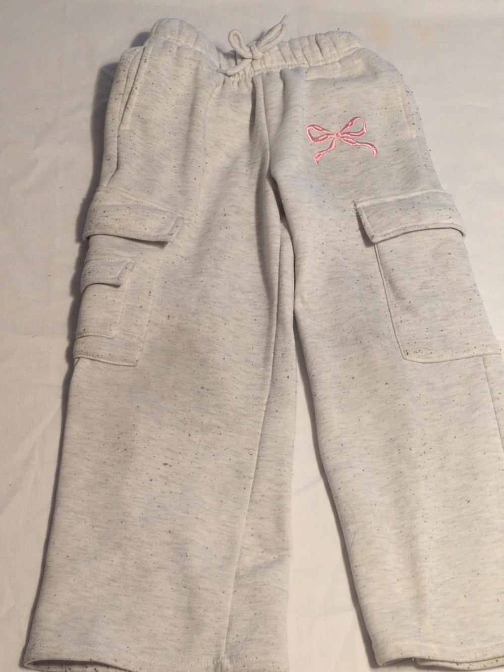 Stella Tweed Light Gray Cargo Sweatpants with Pink Bow